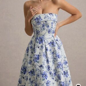 Floral Strapless Dress - Blue and White